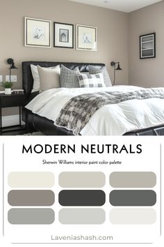 a bedroom with neutrals and black accents in the color scheme, including white bedding