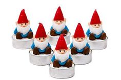 six little gnomes are sitting in small tins