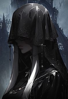 a woman with black hair and veil in front of a gothic - themed castle background