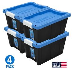 four blue and black storage containers with white handles on each side, 4 packs per pack