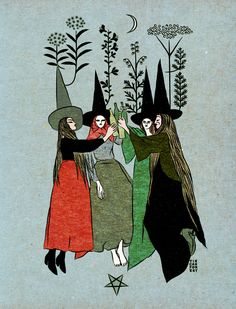 three witches dancing together in the woods