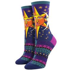 One of the more colorful takes on this classic sun and moon artwork, Laurel Burch has flawlessly added her own flair to the piece and made it her own morphing it into a fun, wearable, piece of art.FeaturesFiber Content: 47% Cotton, 48% Nylon, 2% Spandex3% Other FiberFits: Women's Shoe Size 6-10.5 and Men's Shoe Size 5-9CareThese socks can be cared for by machine washing them in cold water, without bleach, and tumble drying on low.< Moon Socks, Laurel Burch Art, Moon Artwork, Purple Socks, Sock Lovers, Sassy Cat, Unique Socks, Art Socks, Women Crew Socks