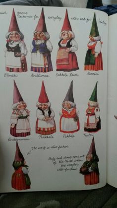 an open book with pictures of gnomes and their names on it's pages