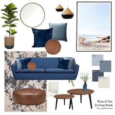 blue and tan living room mood board with couch, coffee table, potted plant