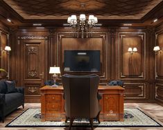 an office with wood paneling and chandelier above the desk is surrounded by two couches