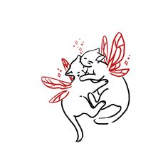 a black and white drawing of a cat with wings on it's back hugging another cat