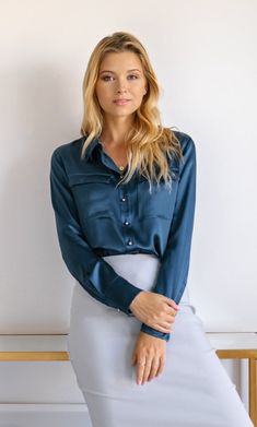 Bellagio Silk Pocket Blouse - 100% Silk Button-Up Shirt | Ravella Silver Blouse, Headshots Women, Pocket Blouse, Satin Blouses, Luxury Silk, Stylish Clothes For Women, Satin Blouse, Midnight Navy, Silk Shirt