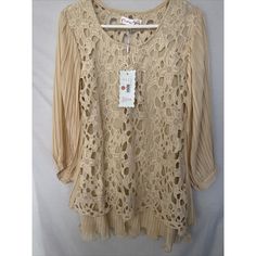 Pretty Angel Tunic Women's Medium Layered Chenille Embroidered Lace Top Nwt Length 31” Armpit To Armpit 19” Bohemian Embroidered Lace Top For Spring, Spring Cream Blouse With Crochet Lace, Cream Crochet Lace Blouse For Spring, Beige Lace Tops For Spring, Spring Beige Blouse With Lace Patchwork, Cream Lace Blouse With Crochet Trim, Beige Blouse With Lace Patchwork For Spring, Cream Crochet Lace Blouse For Summer, Beige Crochet Lace Blouse For Spring