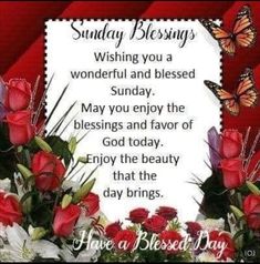 a red and white greeting card with roses, butterflies and the words sunday blessing wishing you a wonderful and blessed sunday