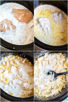 four pictures showing how to make pasta in the crock pot with chicken and cheese