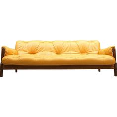 a yellow leather couch sitting on top of a wooden frame