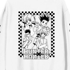 Embrace the adventurous spirit of Hunter x Hunter with this adult white crew neck long sleeve sweatshirt. The front showcases the iconic Hunter x Hunter logo, while the back features a dynamic illustration of Gon and Killua in action. Black patterns on the sleeves add a touch of unique flair. Made from a comfortable blend of 50% cotton and 50% polyester, this sweatshirt is perfect for fans looking to stay cozy and stylish. Machine wash it on cold with like colors and tumble dry on low heat for e White Anime Print Sweatshirt For Streetwear, White Long Sleeve Anime Print T-shirt, White Long Sleeve T-shirt With Anime Print, White Sweatshirt For Fall Fan Merchandise, Long Sleeve Anime Print Top For Fans, Anime Print Long Sleeve Top For Fans, Long Sleeve Top With Anime Print For Fans, White Long Sleeve Top With Anime Print, White Sweatshirt With Character Print For Fans