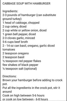 the recipe for cabbage soup with hamburger is shown in black and white text