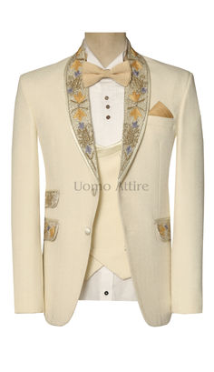 Off White Tuxedo Suit for Party and Wedding Elegant Yellow Sets For Reception, Elegant Gold Sets For Reception, Elegant Yellow Sets With Gold Embroidery, Elegant Wedding Tuxedo For Festive Occasion, Luxury Beige Wedding Blazer, Formal Gold Tuxedo Sets, Elegant Beige Party Blazer, Luxury Gold Sets For Party, Elegant Beige Wedding Sets