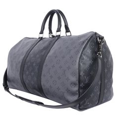 Authentic, pre-loved Louis Vuitton Eclipse Reverse Keepall Bandouliere 50 duffle bag. Features black and grey coated canvas, black leather dual rolled handles, natural cowhide leather trim, and silver hardware. Its top zip closure opens to a fabric interior with a zipper pocket and d ring. Includes a removable shoulder strap. Take this amazing duffle bag on a trip or use it as a really great gym bag. Either way, you will love it! Strap drop: 25" - adjustable Designer Coated Canvas Duffle Bag With Leather Handles, Black Duffle Bag With Leather Trim In Tote Shape, Designer Duffle Bag With Leather Handles And Coated Canvas, Black Coated Canvas Duffle Bag With Leather Trim, Black Duffle Bag With Leather Trim, Black Coated Canvas Duffle Bag For Everyday, Black Leather Trim Duffle Bag Tote, Everyday Black Coated Canvas Duffle Bag, Designer Gray Travel Bag