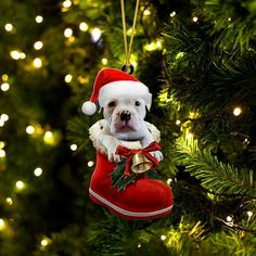 a christmas ornament with a dog wearing a santa hat hanging from a tree