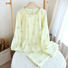 Women's Pajama Set Cotton Crepe Pullover Long Sleeve Pants – lastrafashion Casual Long Sleeve Yellow Sleepwear, Long Sleeve Sets For Spring Daywear, Yellow Long Sleeve Sets For Daywear, Spring Long Sleeve Daywear Sets, Green Long Sleeve Daywear Sets, Yellow Sleep Top For Spring, Pajama Set Cotton, Korean Pajamas, Cotton Pajama Set Women