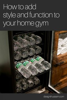 an open refrigerator filled with water and bottles