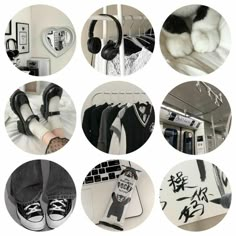 there are many different pictures with black and white items in them, including shoes, sweaters