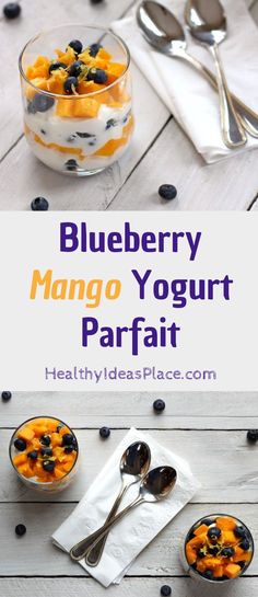 blueberry mango yogurt parfait in small bowls with spoons on the side