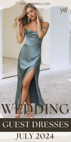 a woman in a blue dress with the words wedding guest dresses july 2024 on it