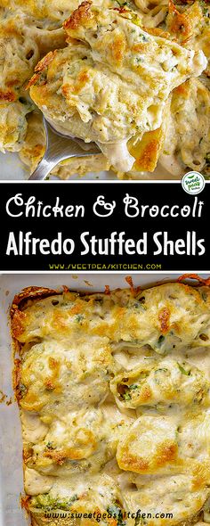 chicken and broccoli alfredo stuffed shells in a casserole dish