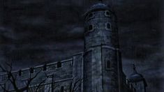 an image of a creepy castle at night