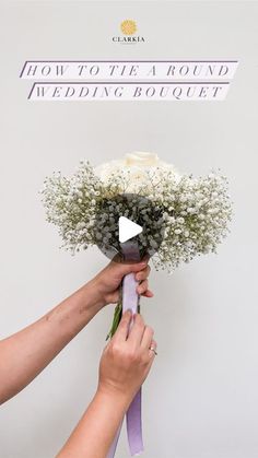 a woman holding a bouquet of flowers with the words how to tie a round wedding bouquet