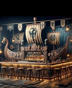 an old fashioned bar with a boat on the wall