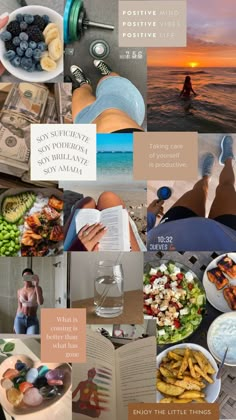 a collage of photos with the words positive mind, positive life and healthy food