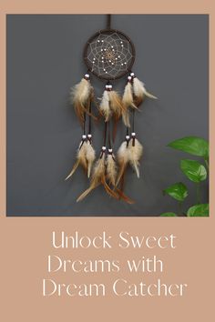 a dream catcher with feathers hanging from it's side and the words unlock sweet dreams with dream catcher