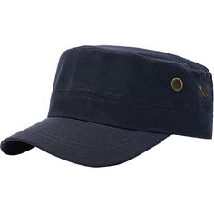 a navy blue hat with buttons on the side and a visor in the middle