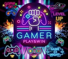 a neon sign that says gamer play and win with various video game symbols around it