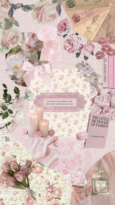 a collage of pink and white flowers, books, candles, and perfume bottles