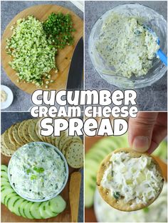 cucumber cream cheese spread is shown in four different pictures