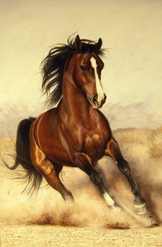 a painting of a brown horse galloping in the desert with dust blowing around it