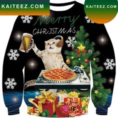 a sweater with a cat wearing headphones and holding a beer in front of a christmas tree