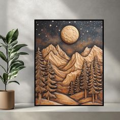 a painting on a wall next to a potted plant with a moon in the sky