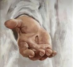 a painting of a hand holding something in it's palm with the other hand extended out