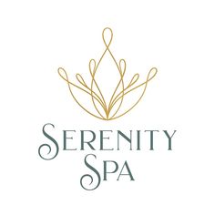 the serenity spa logo is shown in gold and green on a white background