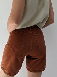 Vintage high rise denim short in a beautiful burnt sienna colored denim fabric. Sweet paired with our Milo Pima Cotton Vest. Tag reads Forelli Denim / Made in USA If you would like additional info or images prior to final sale purchase please reach out to vintage@naninstudio.com. Vintage items may come with minor flaws due to pre loved wear. Color of product may slightly vary compared to photo due to lighting. Please enjoy and appreciate this item with its character. Vintage items are FINAL SALE Burnt Sienna, Knit Outerwear, Cotton Vest, High Rise Denim Shorts, Line Shopping, Denim Short, High Rise Denim, Colored Denim, Dress Suits