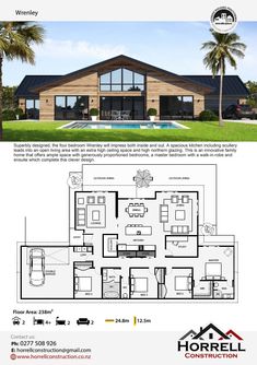 the floor plan for this modern home is shown in black and white, with an image of