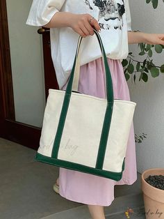 Bird in Bag - Korean Style Simple Casual Canvas Tote Bag - Large Capacity Korean Style Minimalist, Casual Tote Bag, Casual Tote, Green Pattern, Style Minimalist, Shoulder Tote Bag, Bird In Bag, Shoulder Tote, Color Khaki