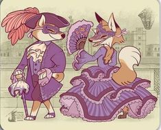 two foxes dressed up in fancy clothes and one fox is holding a fan while the other looks on