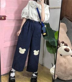 Material: Cotton Material: Polyester Length: Full Length Pattern Type: Cartoon Style: Kawaii Pant Style: Wide Leg Pants Front Style: Flat Fit Type: Skinny Decoration: Embroidery Decoration: Pattern Fabric Type: Batik Closure Type: Elastic Waist Waist Type: High Gender: WOMEN ONE SIZE ：Length:86cm Waist:54-80cm Leg:62cm Blue Harajuku Style Summer Bottoms, Blue Harajuku Style Bottoms For Summer, Baggy Harajuku Cotton Pants, Baggy Cotton Harajuku Pants, Baggy Cotton Harajuku Style Pants, Harajuku Style Cotton Bottoms For Summer, Harajuku Style Bottoms For School In Spring, Harajuku Style Straight Leg Cotton Pants, Blue Embroidered High Waist Pants