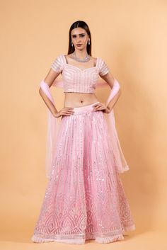 Pink Net Lehenga Set with Cutdana  Embroidery Traditional Sequin Palazzo Set For Reception, Traditional Palazzo Set With Sequins For Reception, Fitted Embellished Palazzo Set For Navratri, Party Wear Sets With Intricate Embroidery, Party Wear Sets With Intricate Embroidery For Designer Occasions, Designer Wear Sets With Intricate Embroidery For Parties, Intricate Embroidery Designer Wear Party Sets, Ceremonial Choli With Intricate Embroidery For Diwali, Fitted Sets With Intricate Embroidery For Festivals