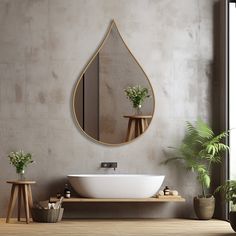 a bathroom with a sink, mirror and potted plants