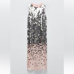 Genuine Zara New With Tag Material: 73% Polyamide, 27% Polyester Color: Silver Sequin/ Pink Knit Ethereal Look With Mermaid Vibes. Round Neckline, Sleeveless, Midi Length Dress. Sleeveless Midi Dress With Contrast Sequin, Contrast Sequin Midi Dress For Spring, Spring Maxi Dress With Contrast Sequin, Zara Spring Sequin Dress, Spring Cocktail Sequin Dress By Zara, Zara Sequin Dress For Spring, Zara Sequined Midi Dress For Spring, Zara Sequined Midi Dress For Summer, Sequin Knit