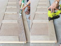 two pictures showing how to make a diy wood door with glue and construction tools