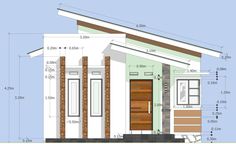 a drawing of a small house with measurements for the front door and side porch area